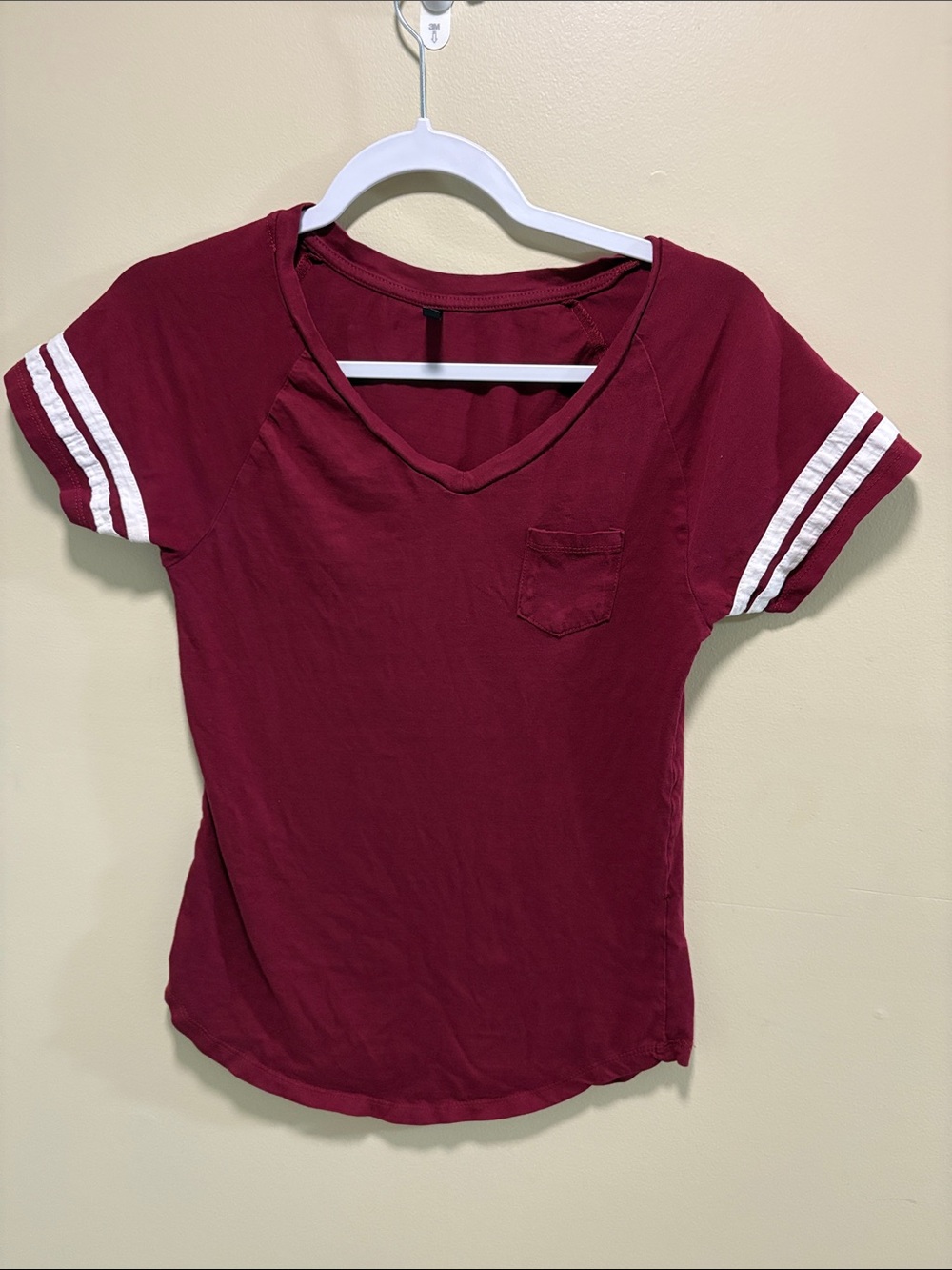 Splash Burgundy Short Sleeve V-Neck Tee with White Sleeve Stripes